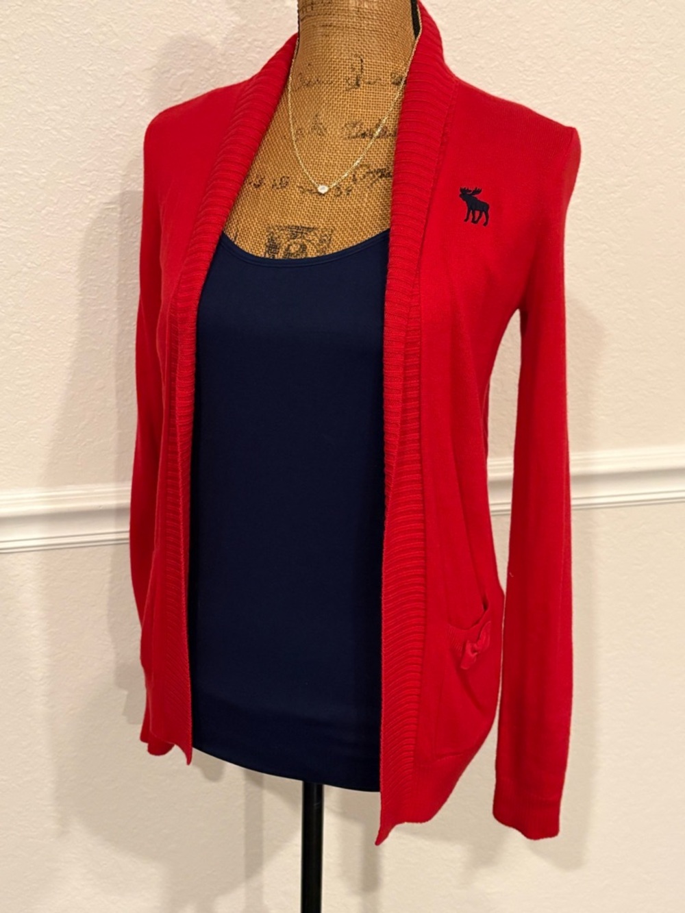 Y2K Abercrombie Kids XL Red Open Front Cardigan Sweater Bow Pockets Preppy FLAW